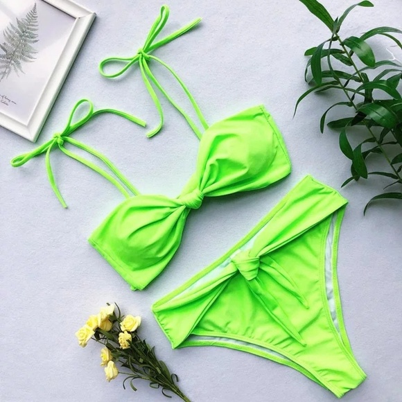 High Waist Neon Green Knotted Bikini Swimsuit - Picture 2 of 3